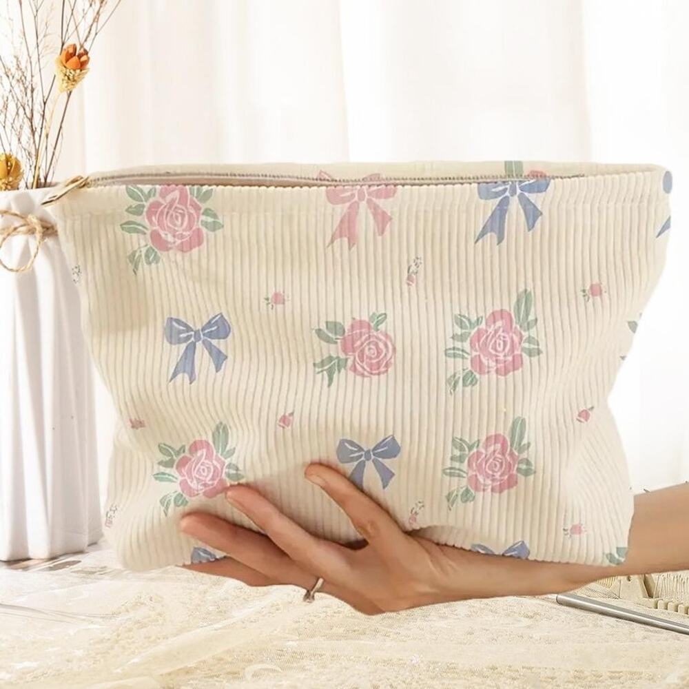 Corduroy Cosmetic Travel Bag Cream Pink Blue Roses Bows